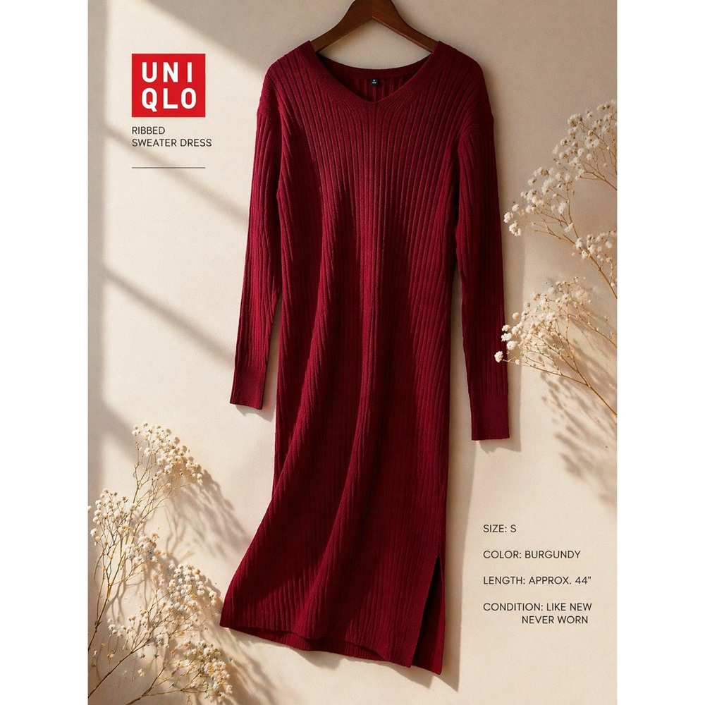 UNIQLO Burgundy Ribbed Sweater Dress – Size S | Like New, Long Length